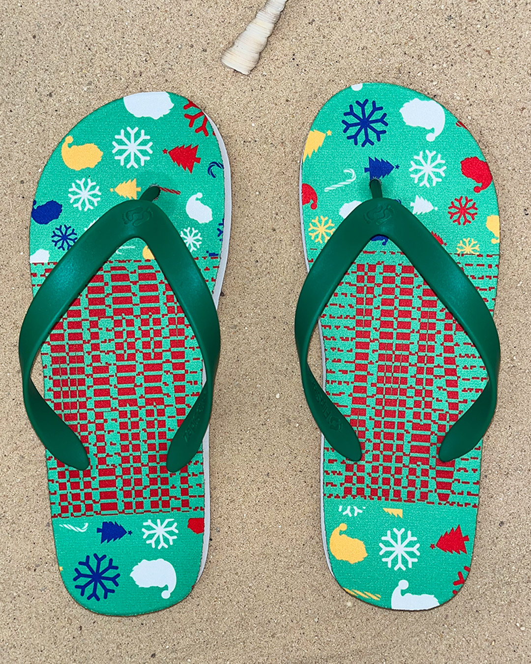 Christmas secret message flip flops seen from above
