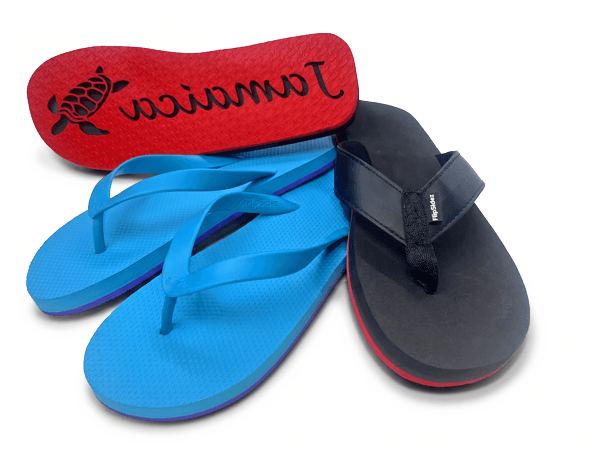 Custom FlipSidez flip flops &mdash; a red sole imprinting &ldquo;Jamaica&rdquo; with a sea turtle, aqua and black pairs