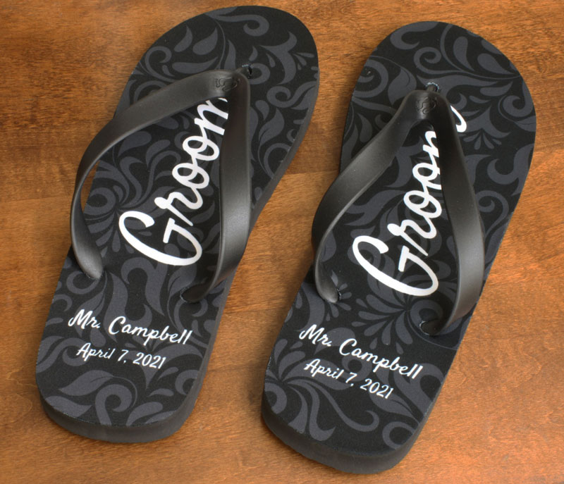 Groom flip flops with damask pattern