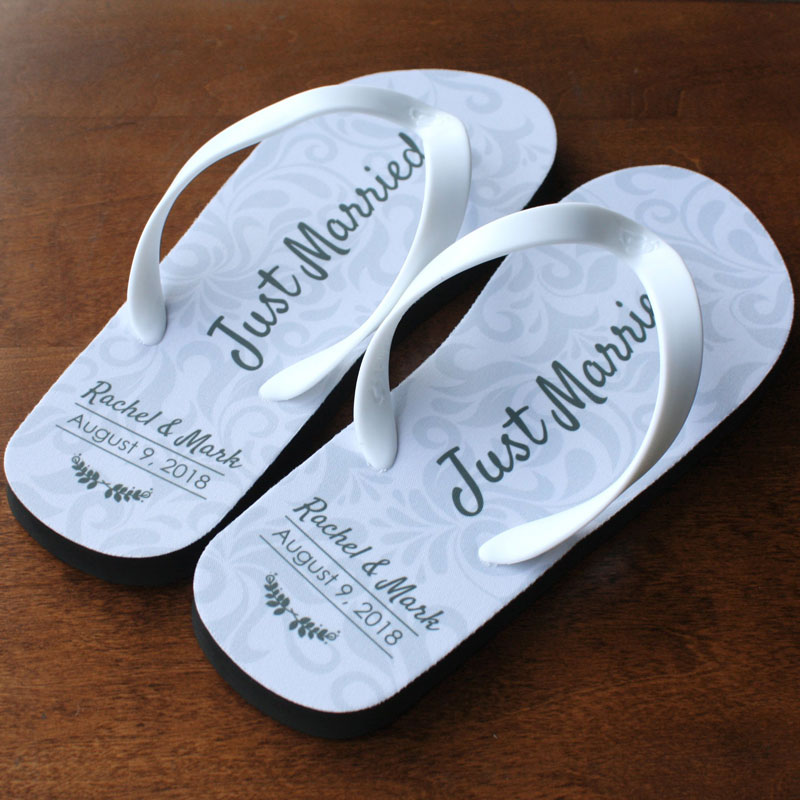 Just Married flip flops with damask